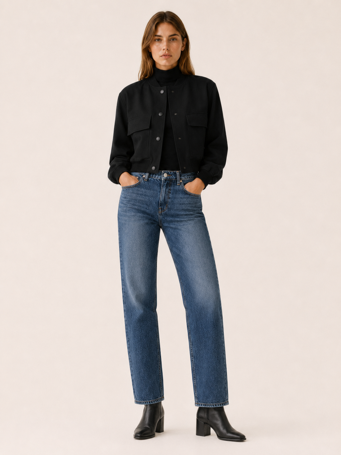 Lucienne | Flap Pocket Ribbed Trim Faux Leather Bomber Jacket - View 8