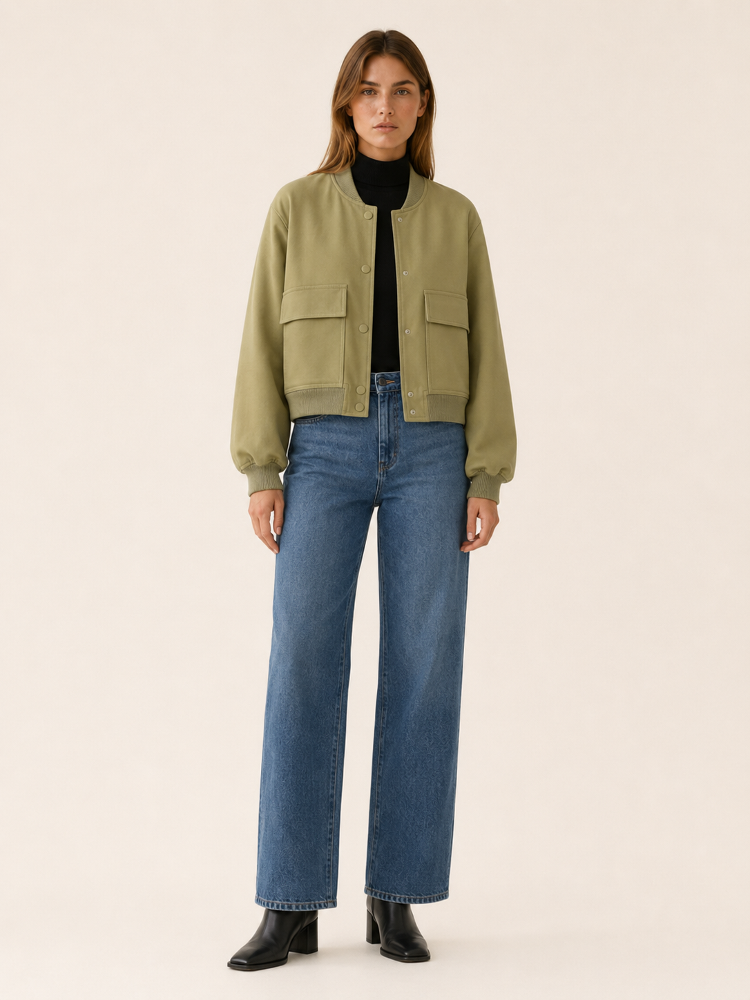 Lucienne | Flap Pocket Ribbed Trim Faux Leather Bomber Jacket - View 9