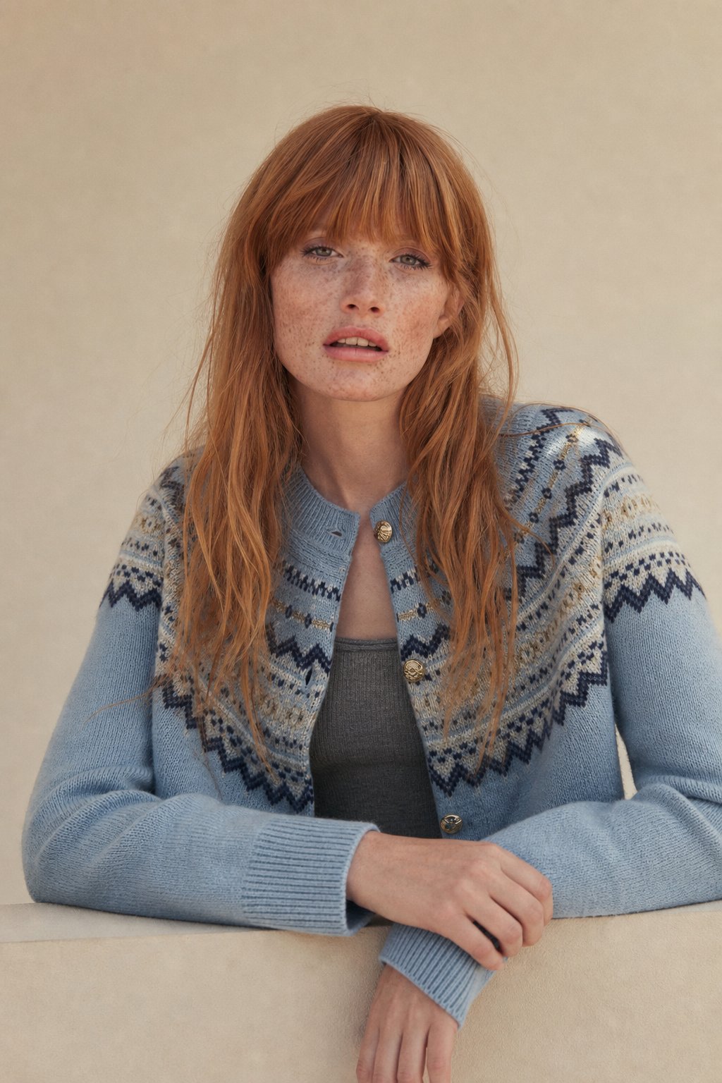 Mabel | Fair Isle Yoke Gold Button Cashmere Cardigan