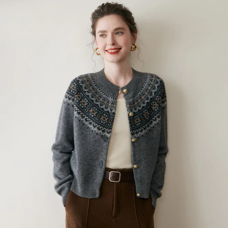 Mabel | Fair Isle Yoke Gold Button Cashmere Cardigan - View 10
