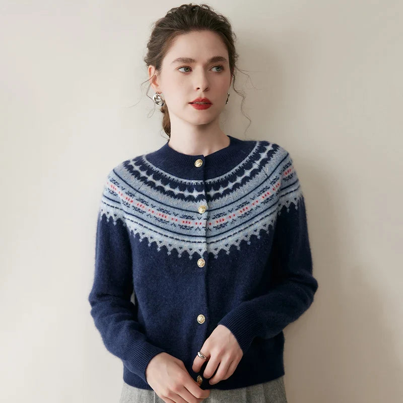 Mabel | Fair Isle Yoke Gold Button Cashmere Cardigan - View 11