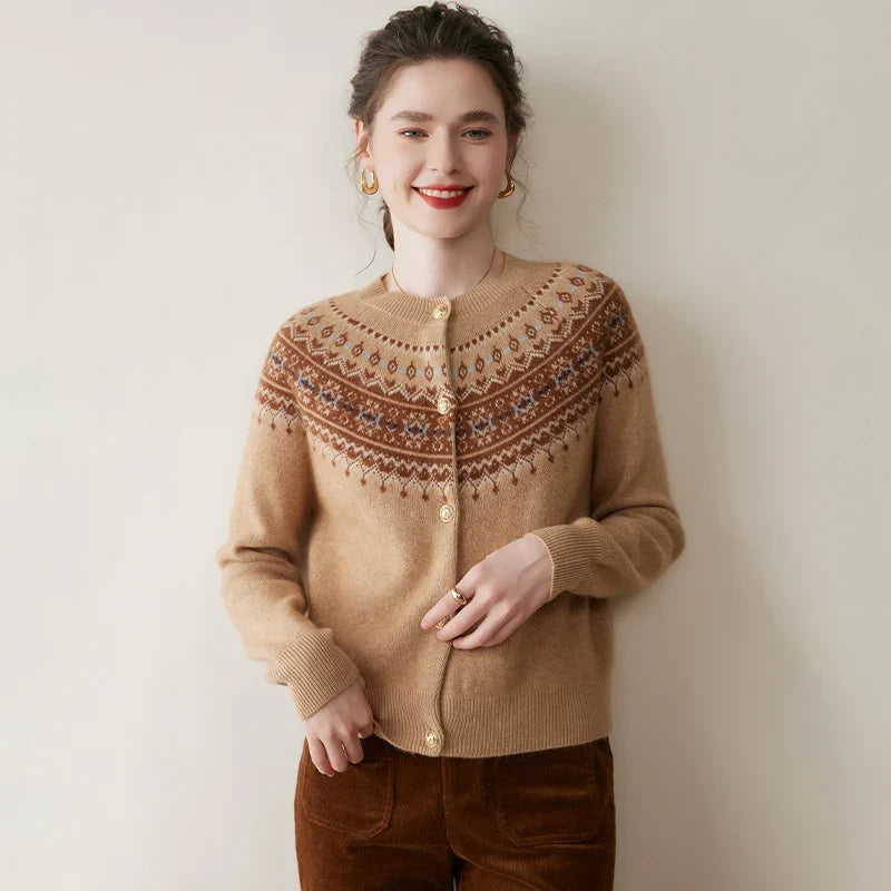Mabel | Fair Isle Yoke Gold Button Cashmere Cardigan - View 12