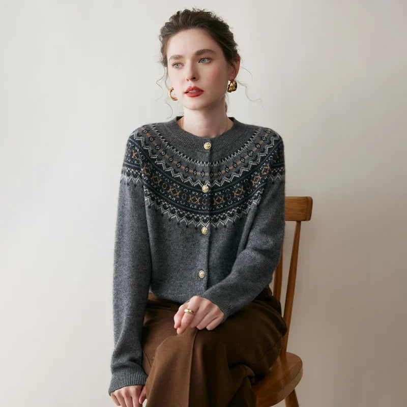 Mabel | Fair Isle Yoke Gold Button Cashmere Cardigan - View 13