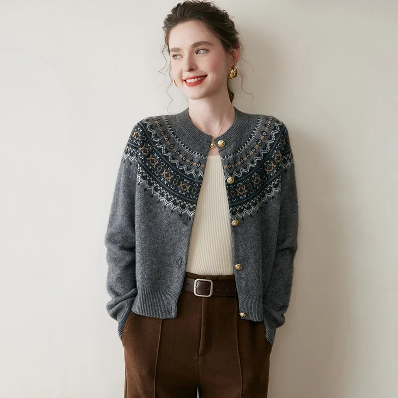 Mabel | Fair Isle Yoke Gold Button Cashmere Cardigan - View 14