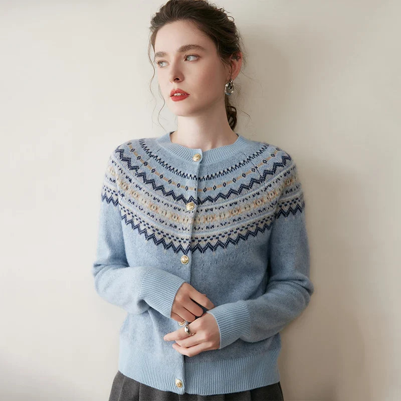 Mabel | Fair Isle Yoke Gold Button Cashmere Cardigan - View 15