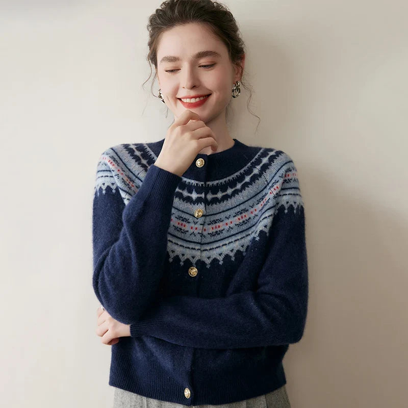 Mabel | Fair Isle Yoke Gold Button Cashmere Cardigan - View 16