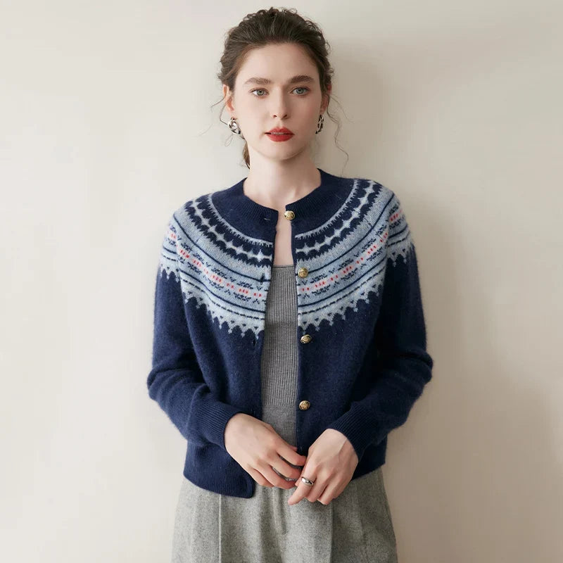 Mabel | Fair Isle Yoke Gold Button Cashmere Cardigan - View 17