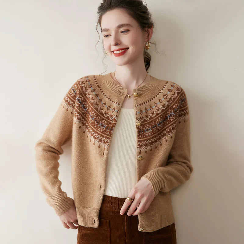 Mabel | Fair Isle Yoke Gold Button Cashmere Cardigan - View 18