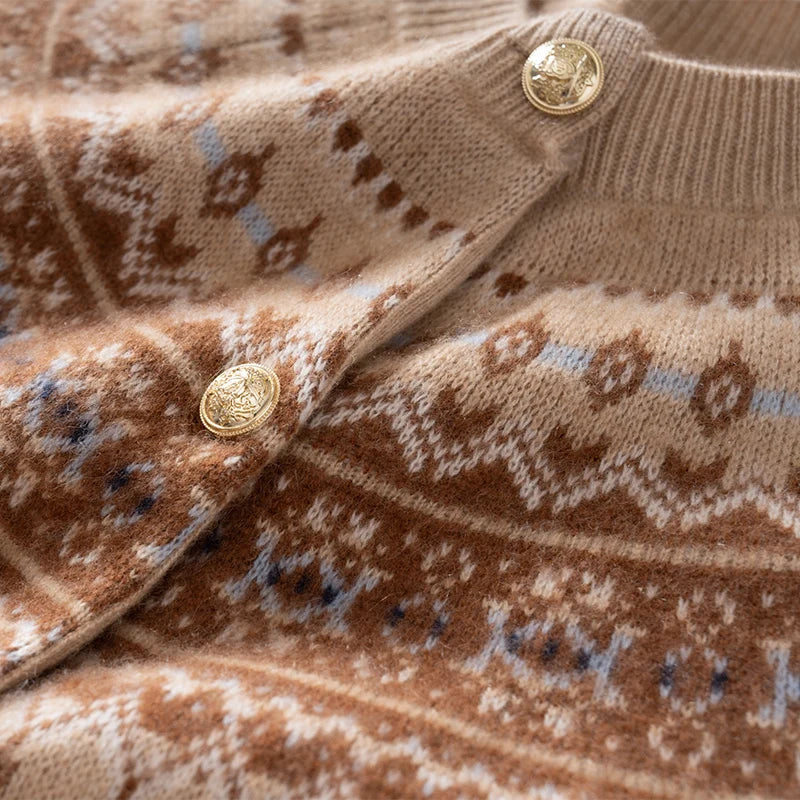 Mabel | Fair Isle Yoke Gold Button Cashmere Cardigan - View 19