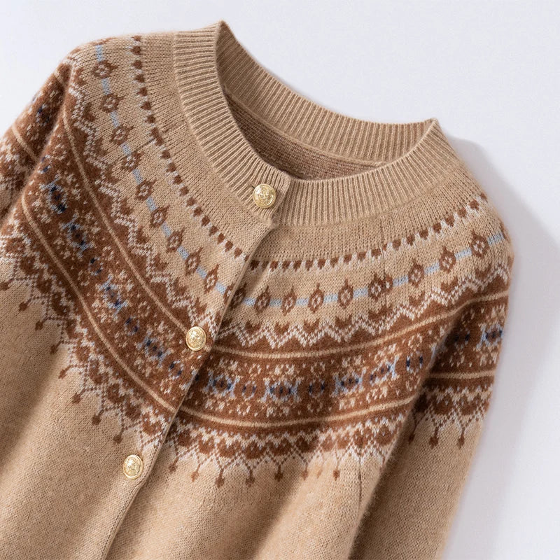 Mabel | Fair Isle Yoke Gold Button Cashmere Cardigan - View 20
