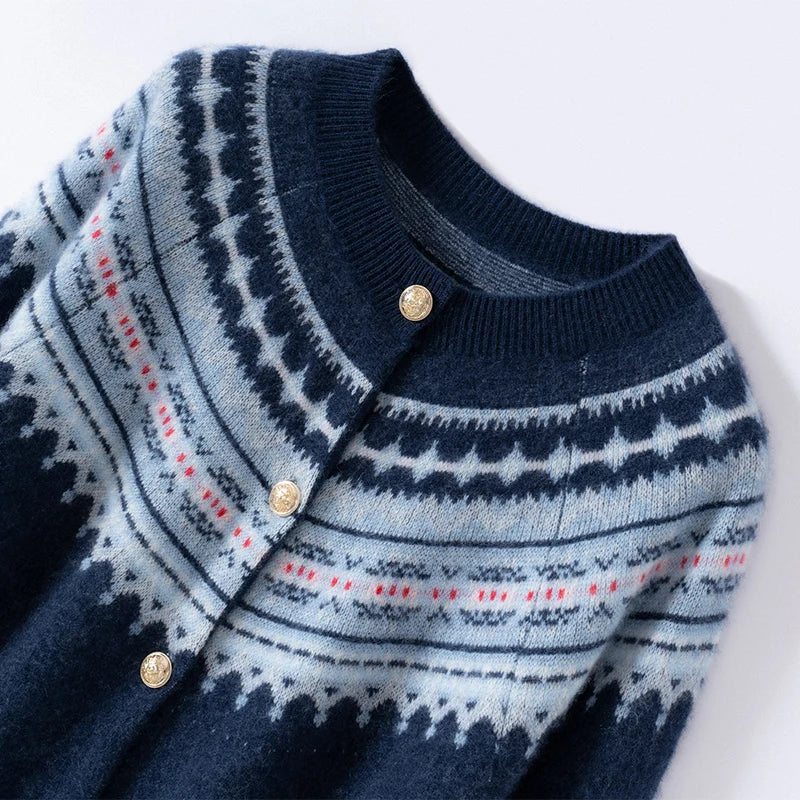 Mabel | Fair Isle Yoke Gold Button Cashmere Cardigan - View 22