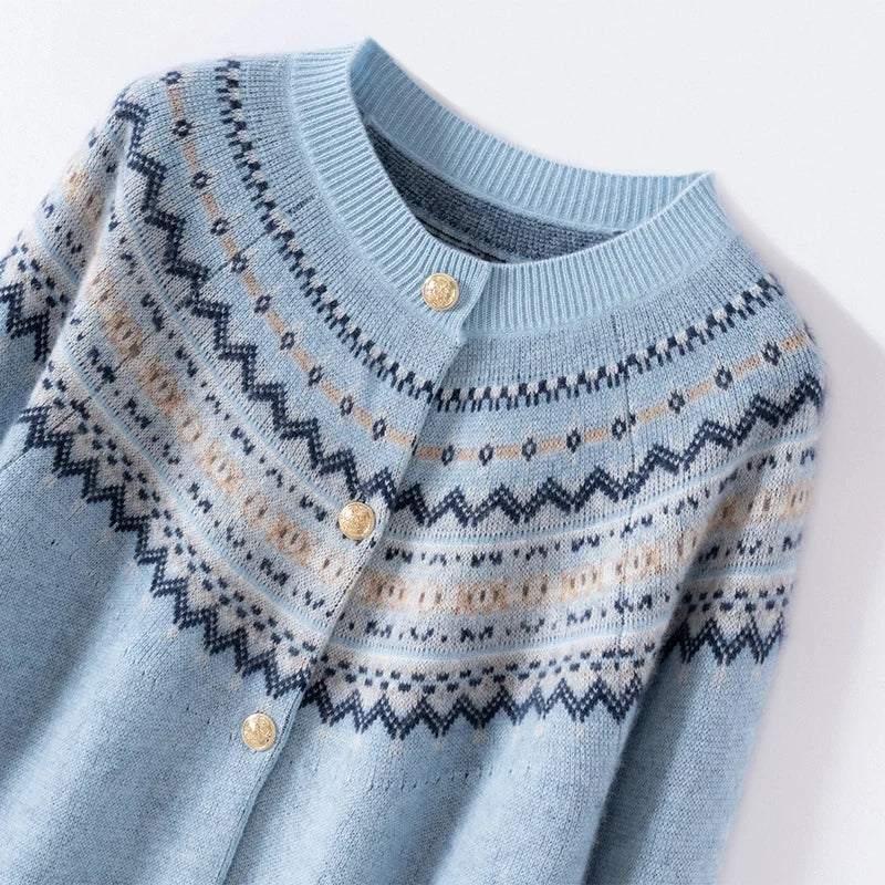 Mabel | Fair Isle Yoke Gold Button Cashmere Cardigan - View 24