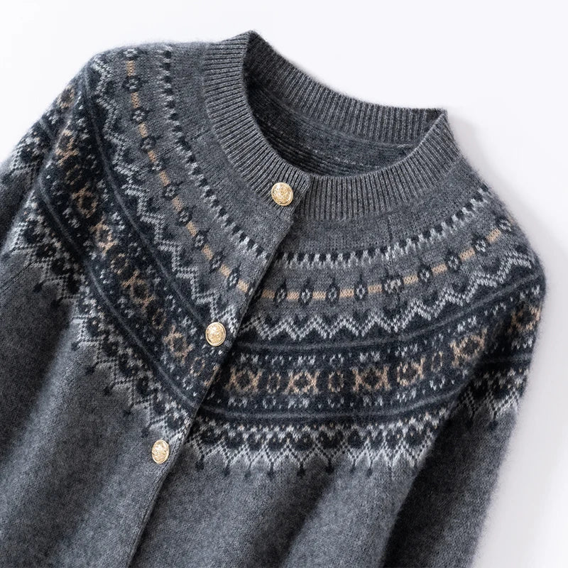 Mabel | Fair Isle Yoke Gold Button Cashmere Cardigan - View 26
