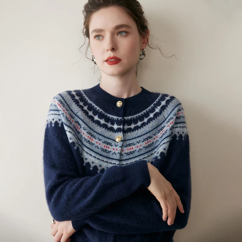 Mabel | Fair Isle Yoke Gold Button Cashmere Cardigan - View 27