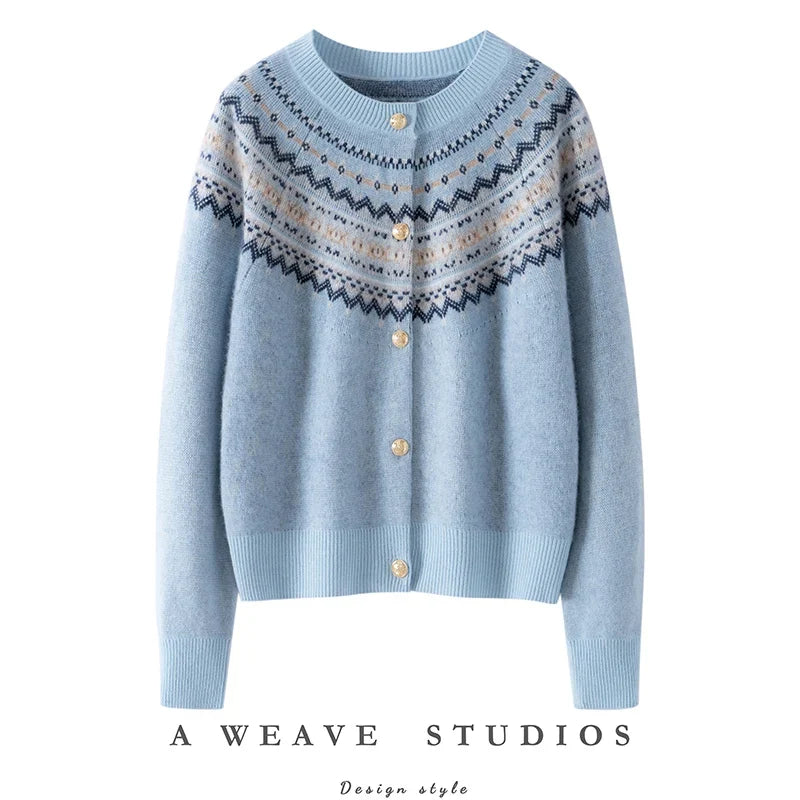 Mabel | Fair Isle Yoke Gold Button Cashmere Cardigan - View 28