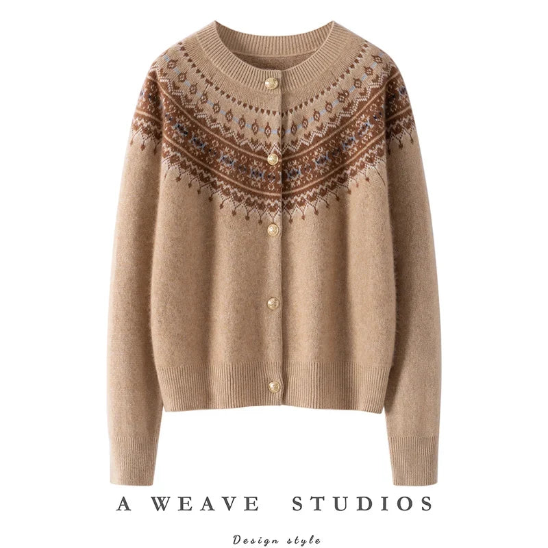 Mabel | Fair Isle Yoke Gold Button Cashmere Cardigan - View 29