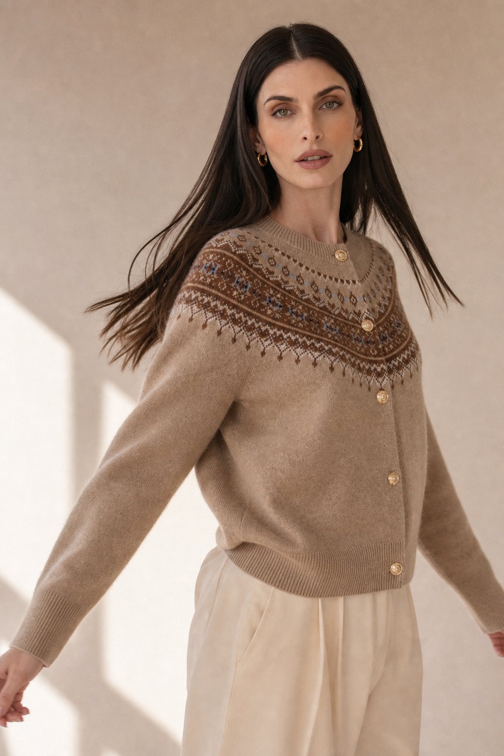 Mabel | Fair Isle Yoke Gold Button Cashmere Cardigan - View 3