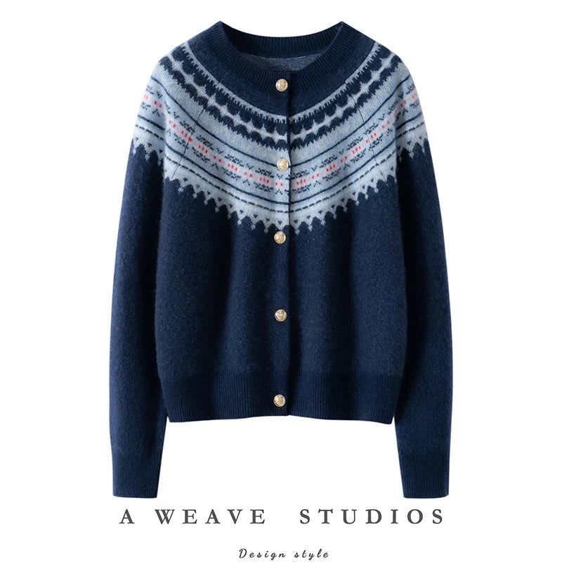 Mabel | Fair Isle Yoke Gold Button Cashmere Cardigan - View 30