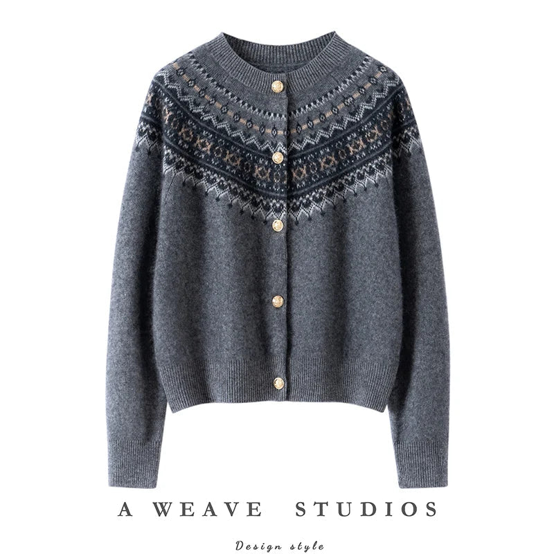 Mabel | Fair Isle Yoke Gold Button Cashmere Cardigan - View 31