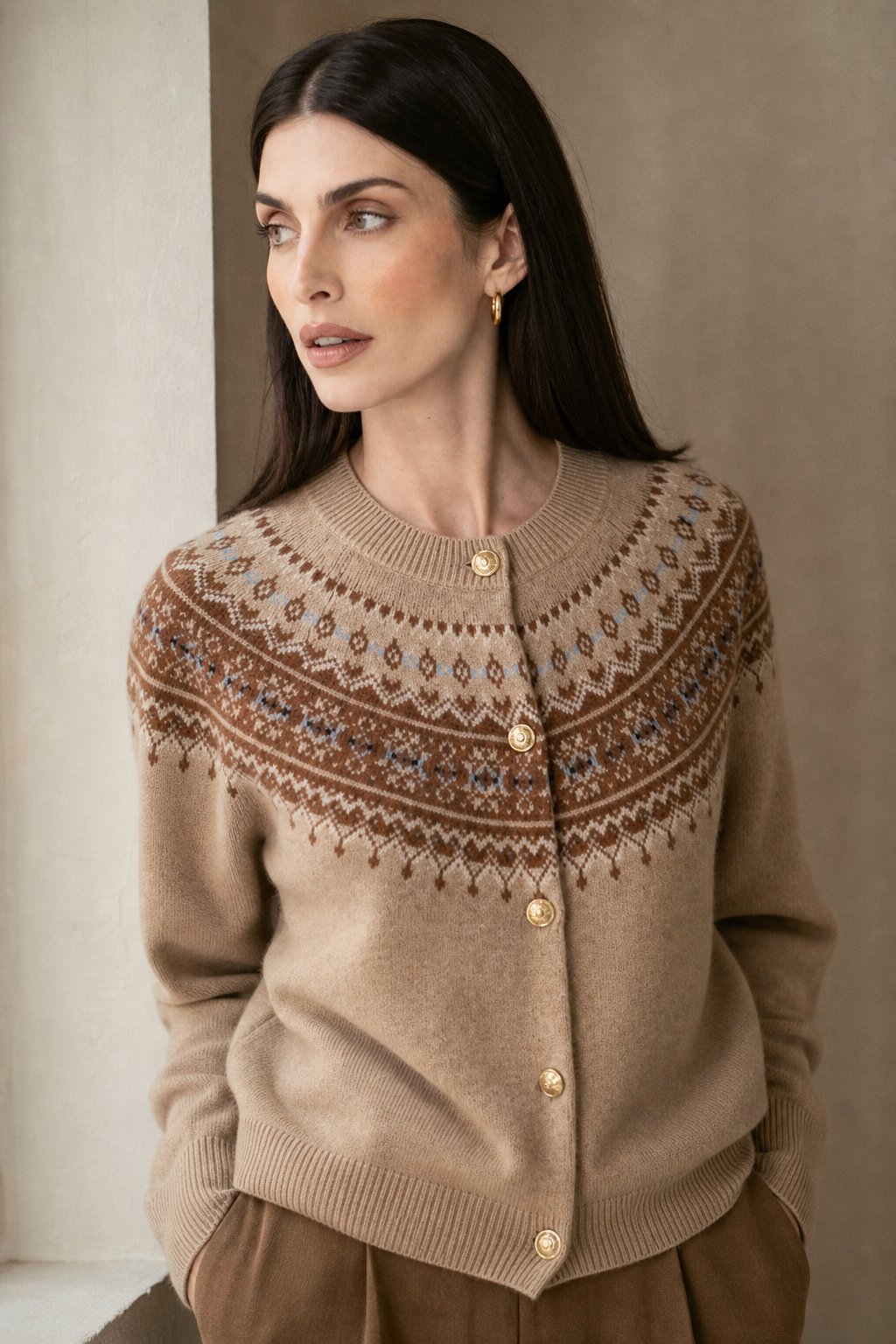 Mabel | Fair Isle Yoke Gold Button Cashmere Cardigan - View 4