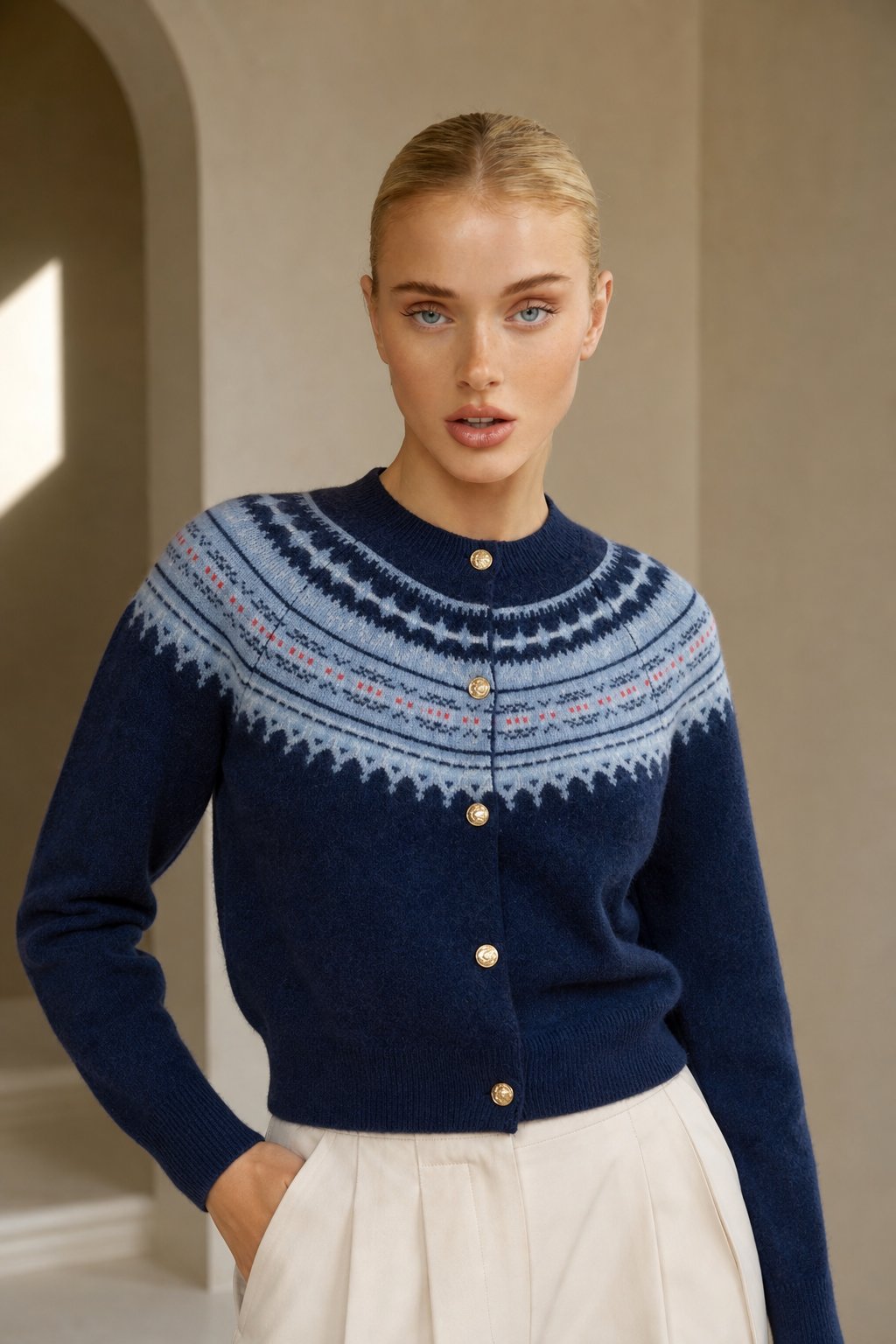 Mabel | Fair Isle Yoke Gold Button Cashmere Cardigan - View 5