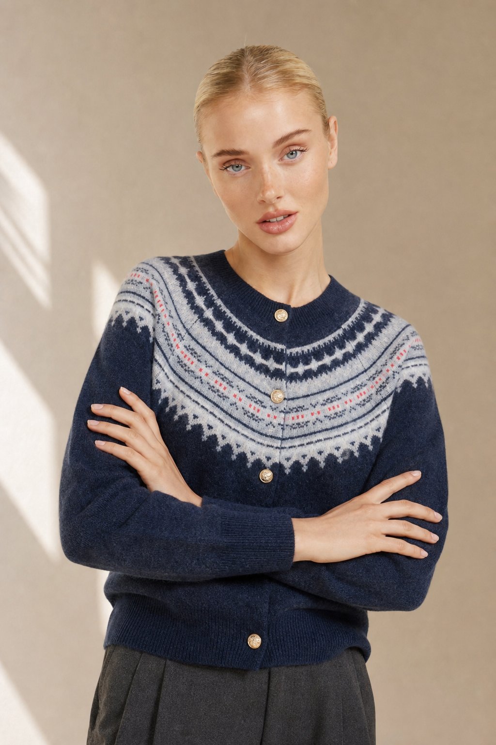 Mabel | Fair Isle Yoke Gold Button Cashmere Cardigan - View 6