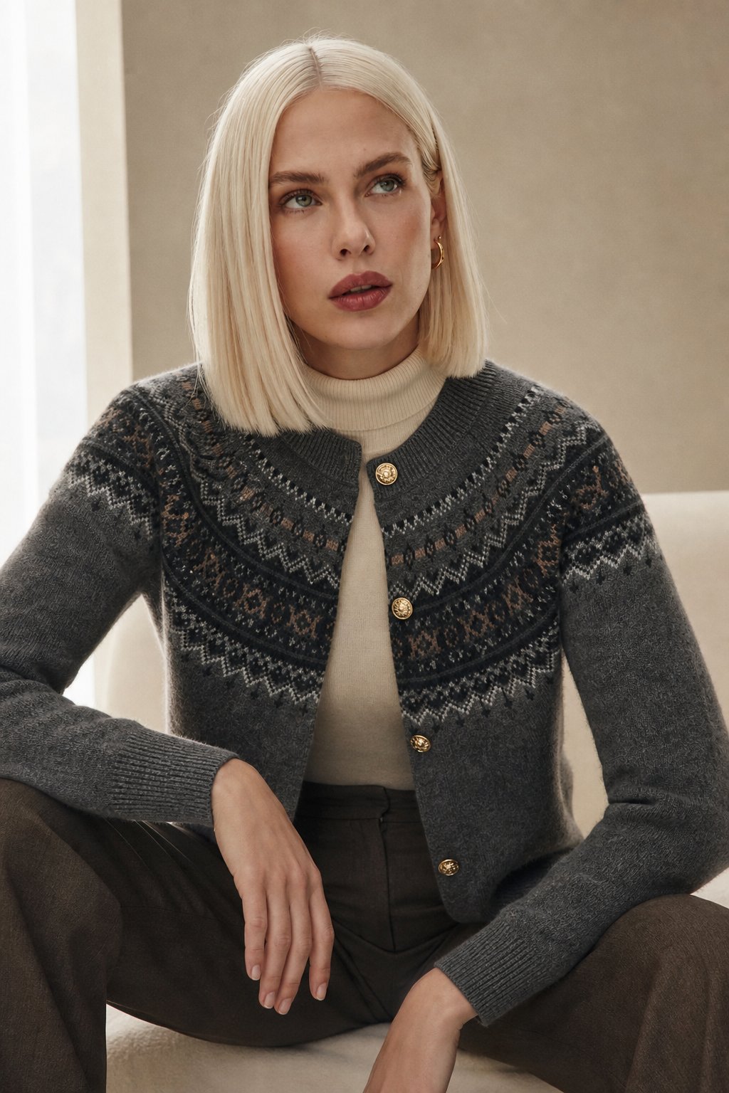 Mabel | Fair Isle Yoke Gold Button Cashmere Cardigan - View 7
