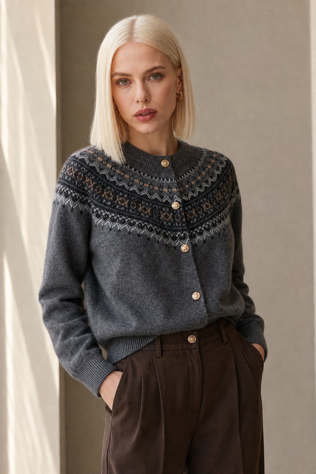 Mabel | Fair Isle Yoke Gold Button Cashmere Cardigan - View 8