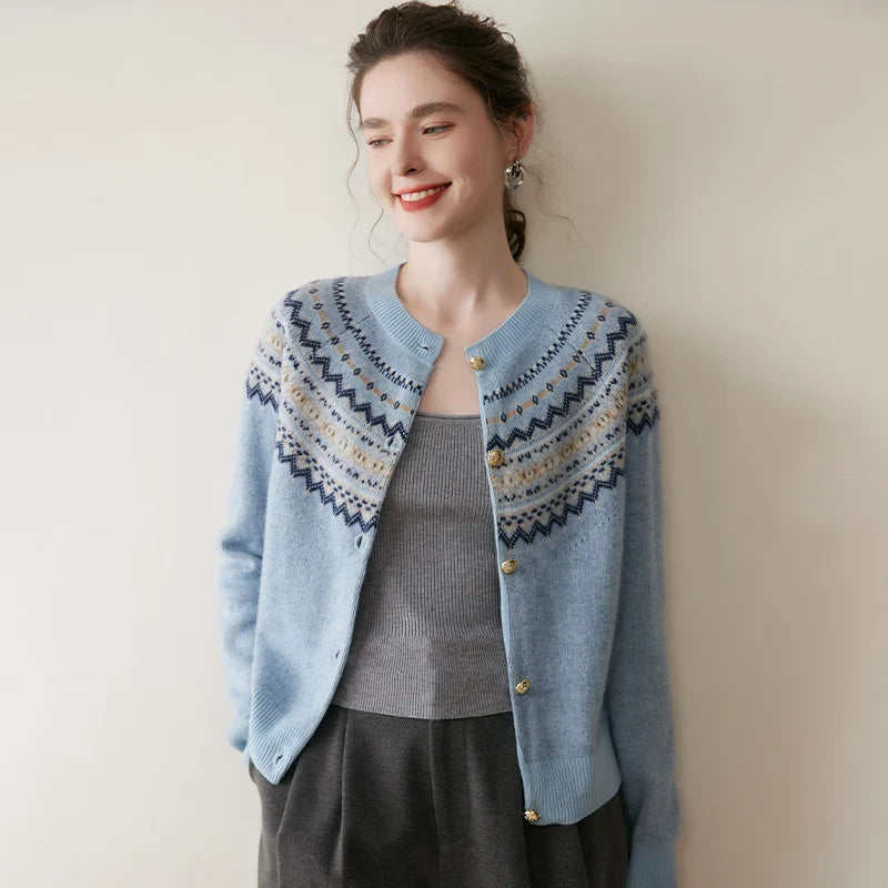 Mabel | Fair Isle Yoke Gold Button Cashmere Cardigan - View 9