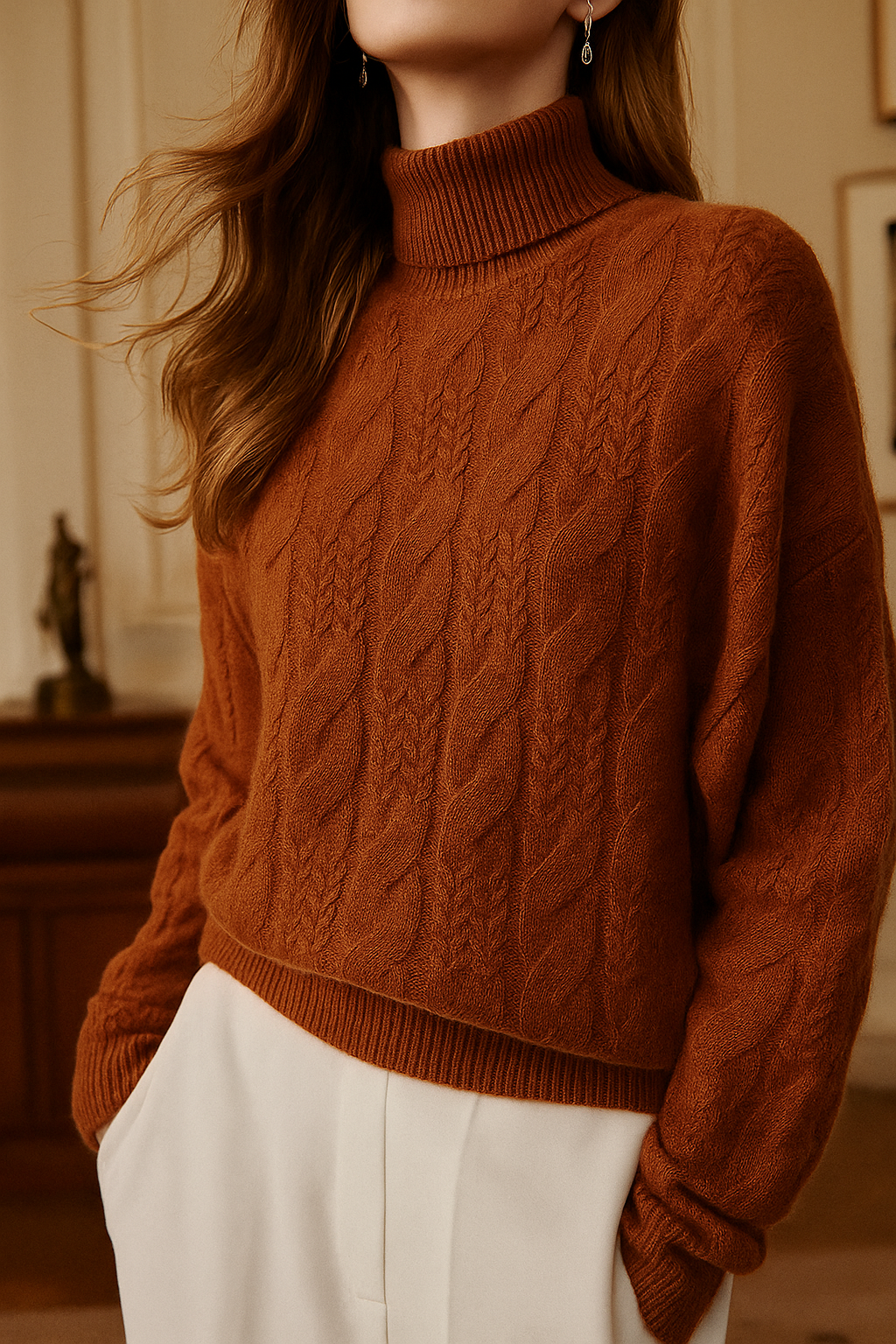 Maeve | Chunky Braided Cable Knit Turtleneck Sweater - View 10