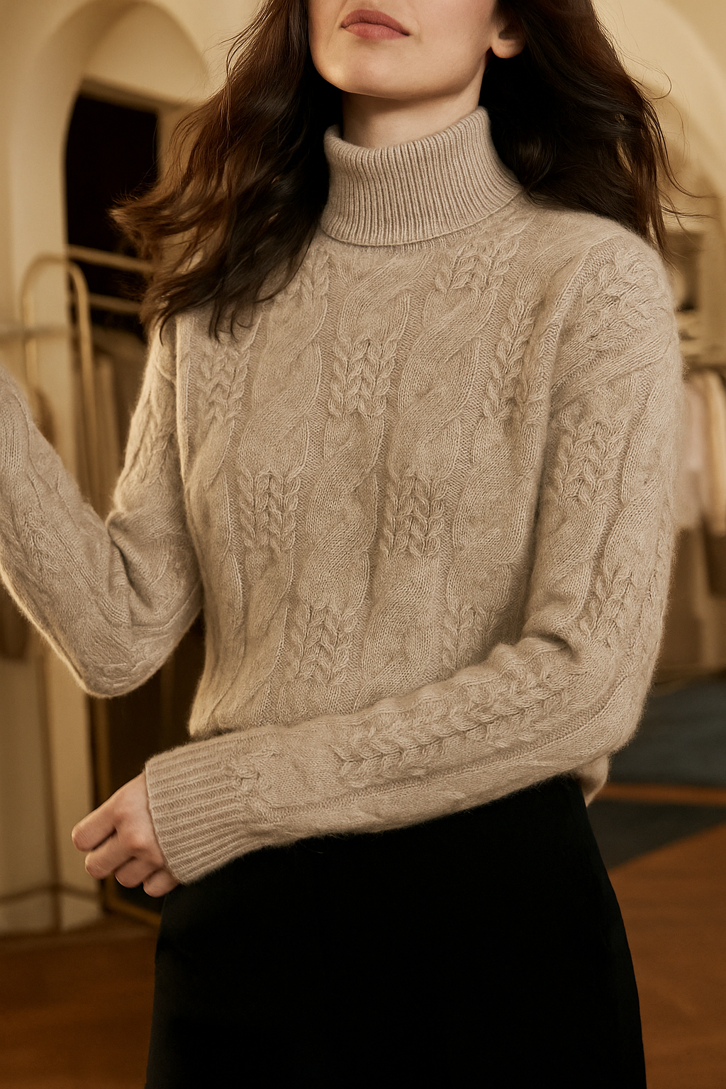 Maeve | Chunky Braided Cable Knit Turtleneck Sweater - View 14