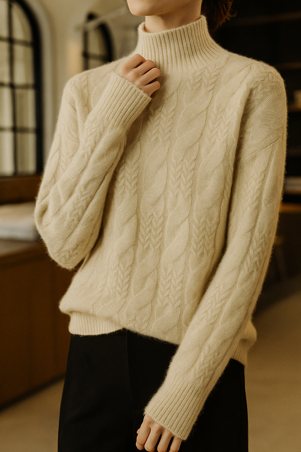 Maeve | Chunky Braided Cable Knit Turtleneck Sweater - View 16