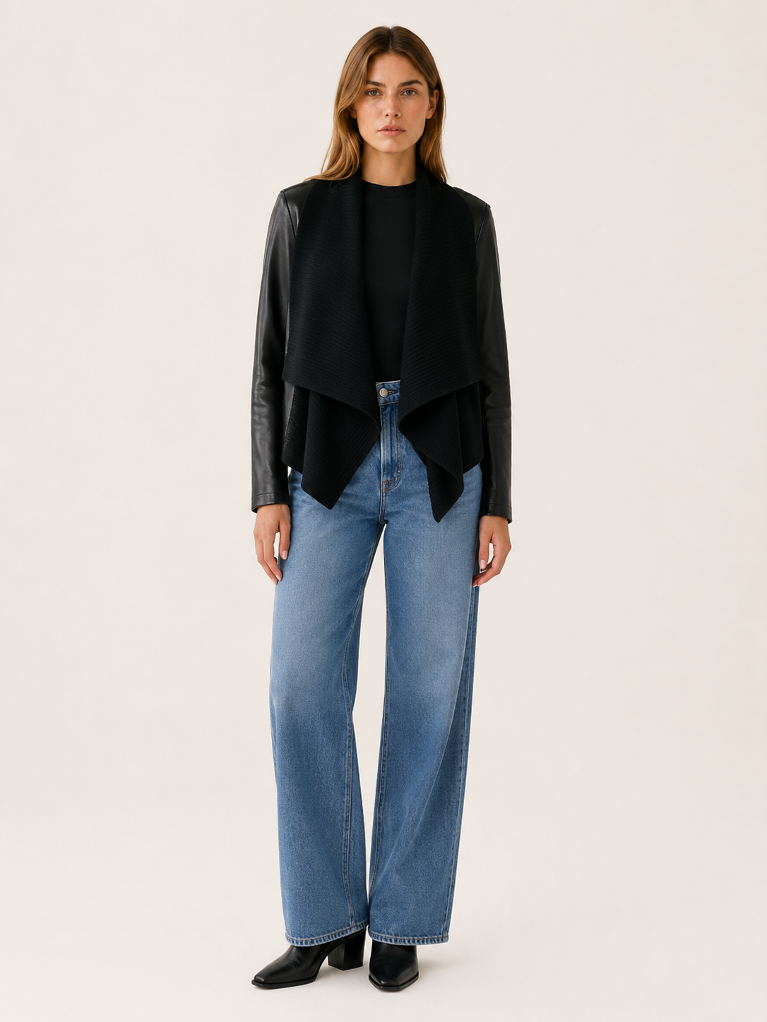 Maren | Waterfall Drape Collar Contrast Sleeve Cropped Jacket
