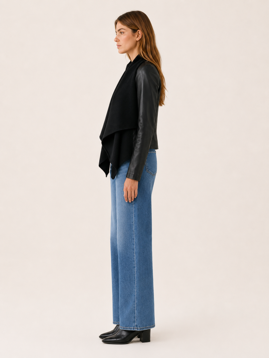 Maren | Waterfall Drape Collar Contrast Sleeve Cropped Jacket - View 3