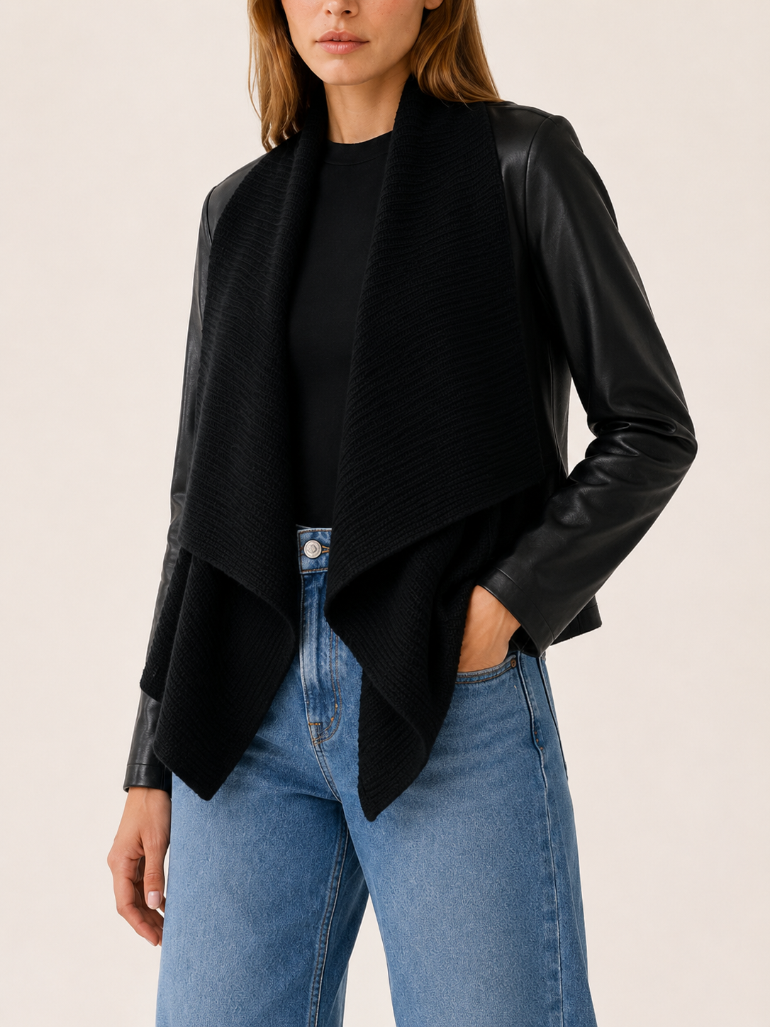 Maren | Waterfall Drape Collar Contrast Sleeve Cropped Jacket - View 4