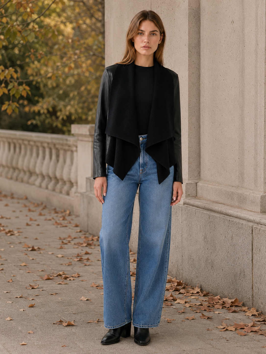Maren | Waterfall Drape Collar Contrast Sleeve Cropped Jacket - View 5
