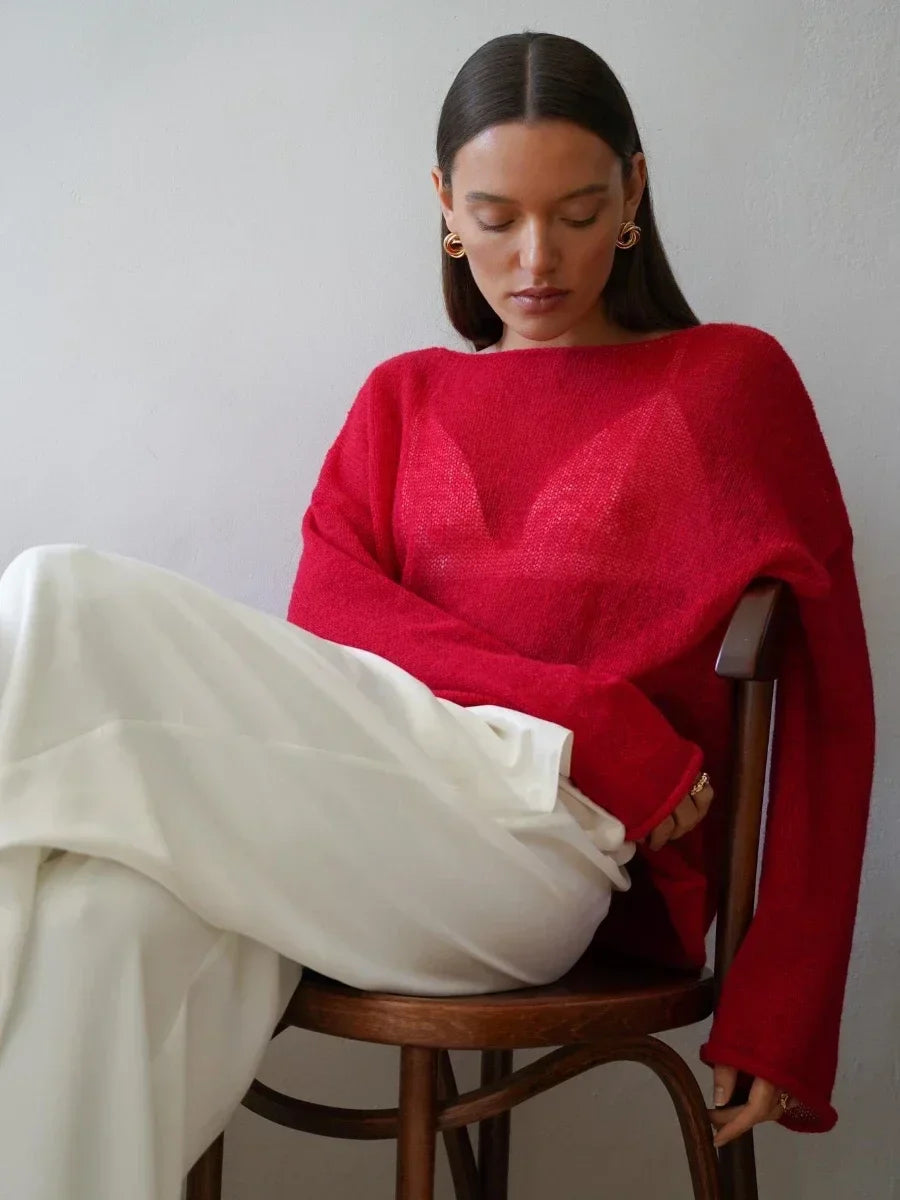 Marguerite | Sheer Open Knit Relaxed Crew Neck Sweater - View 11
