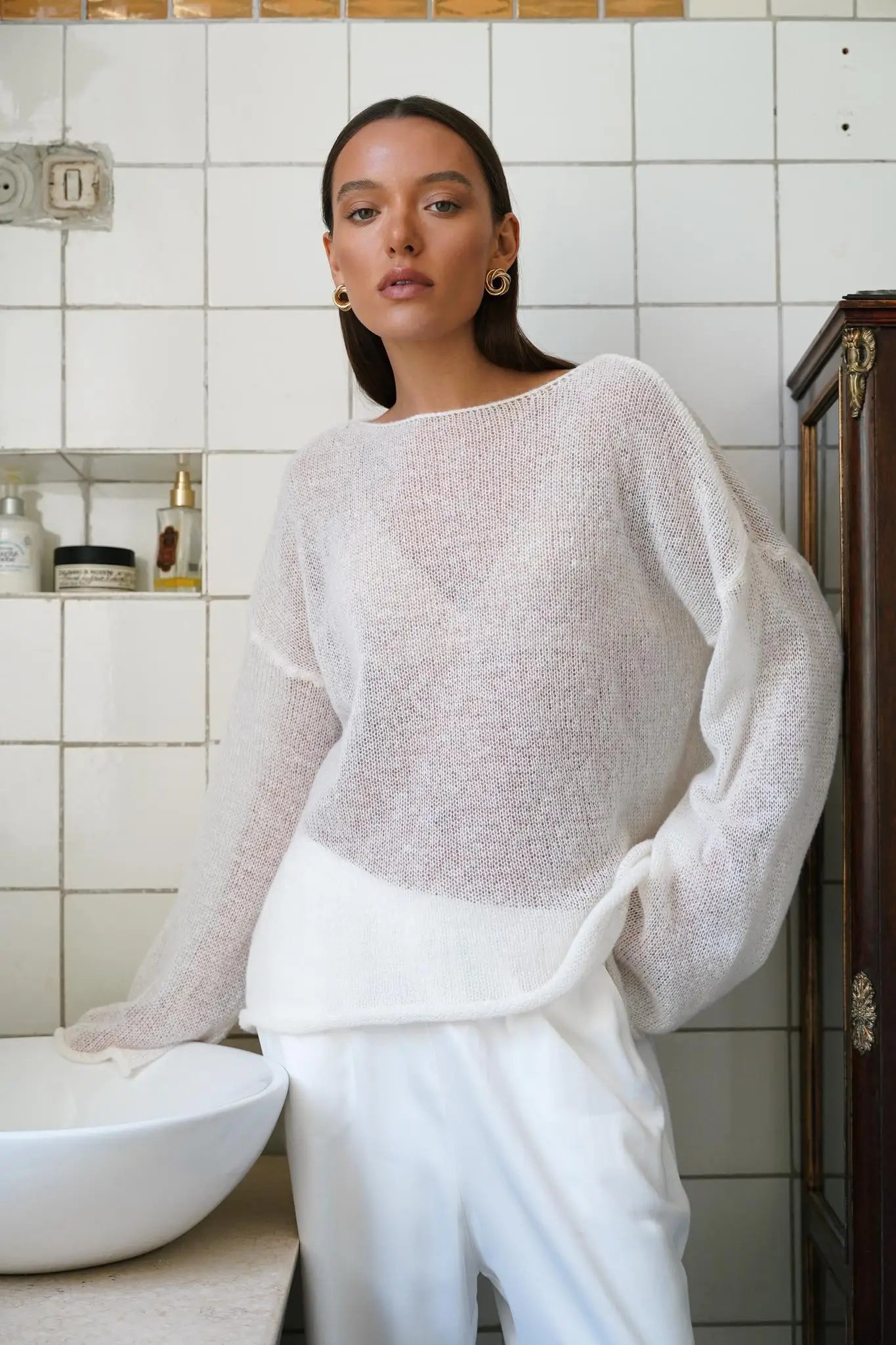 Marguerite | Sheer Open Knit Relaxed Crew Neck Sweater - View 14