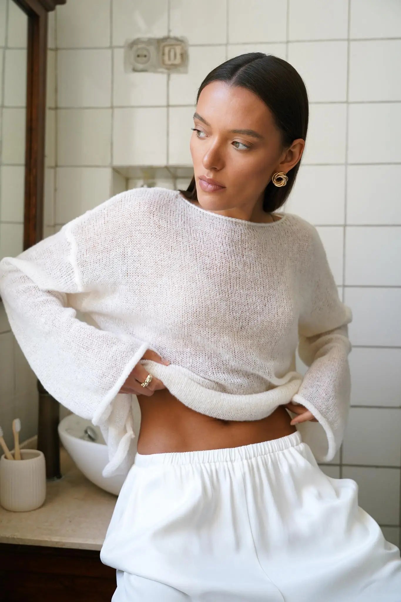 Marguerite | Sheer Open Knit Relaxed Crew Neck Sweater - View 15