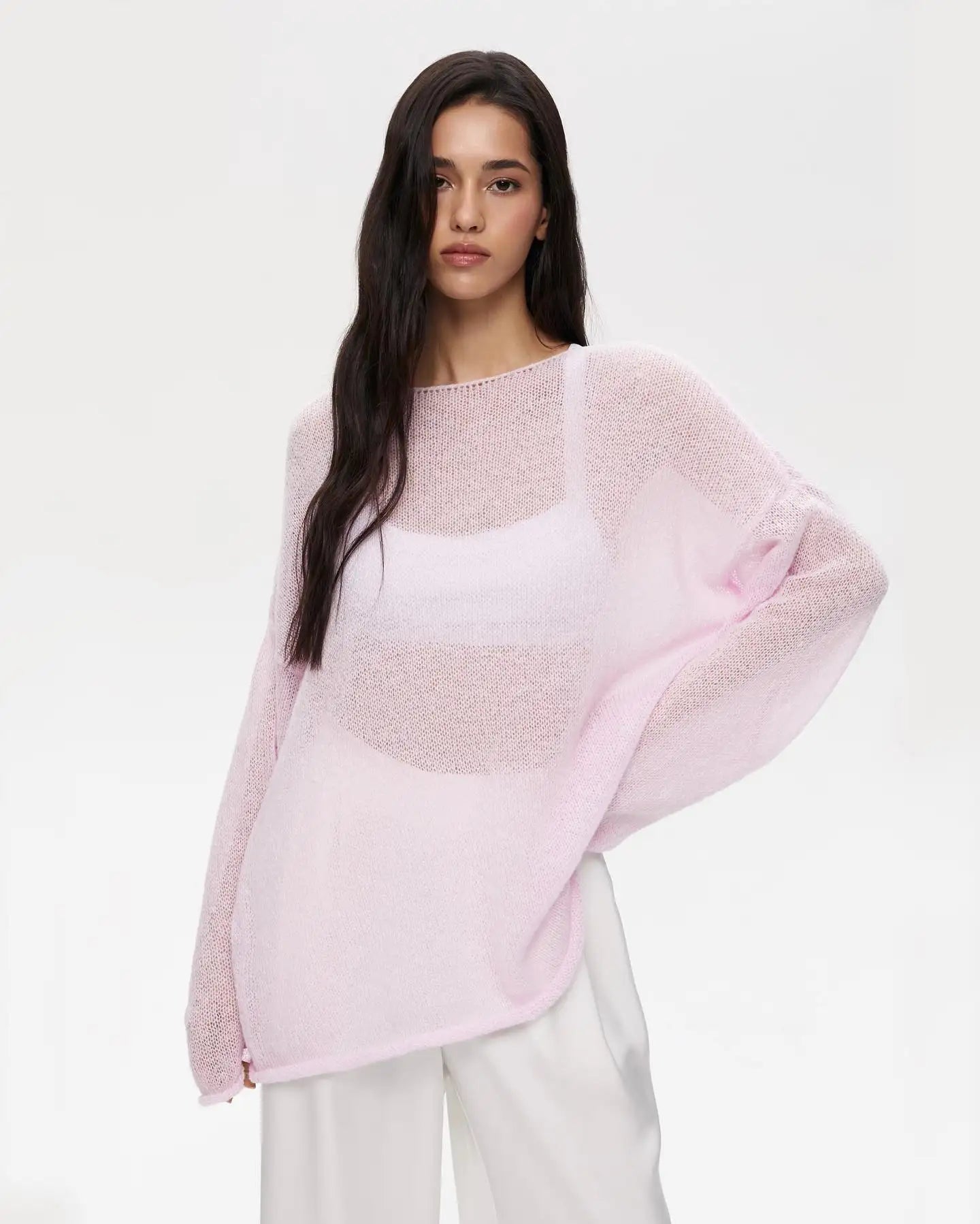 Marguerite | Sheer Open Knit Relaxed Crew Neck Sweater - View 24