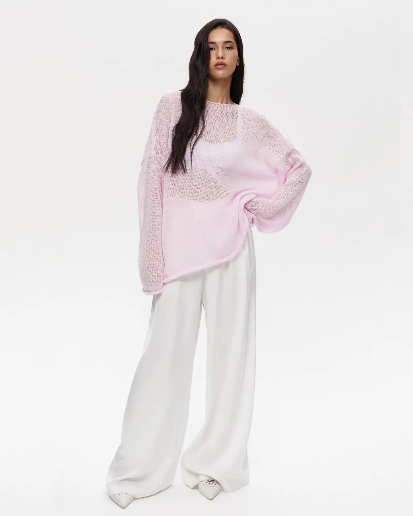 Marguerite | Sheer Open Knit Relaxed Crew Neck Sweater - View 26