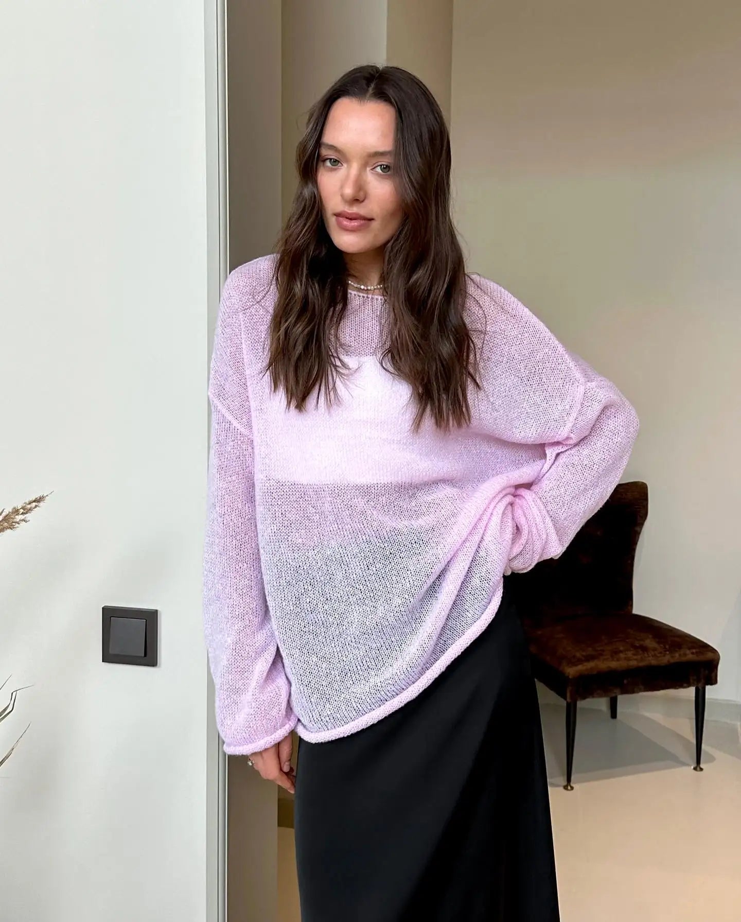 Marguerite | Sheer Open Knit Relaxed Crew Neck Sweater - View 27