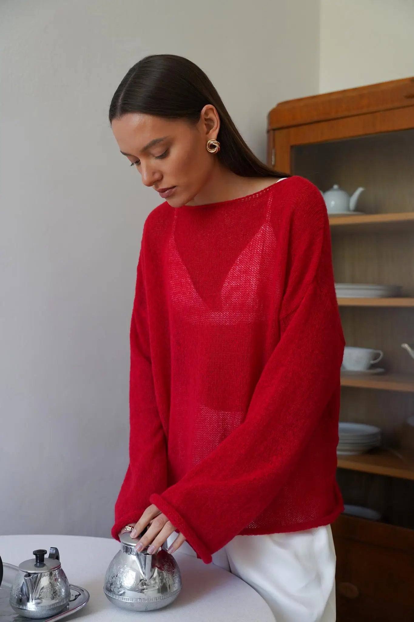 Marguerite | Sheer Open Knit Relaxed Crew Neck Sweater - View 28