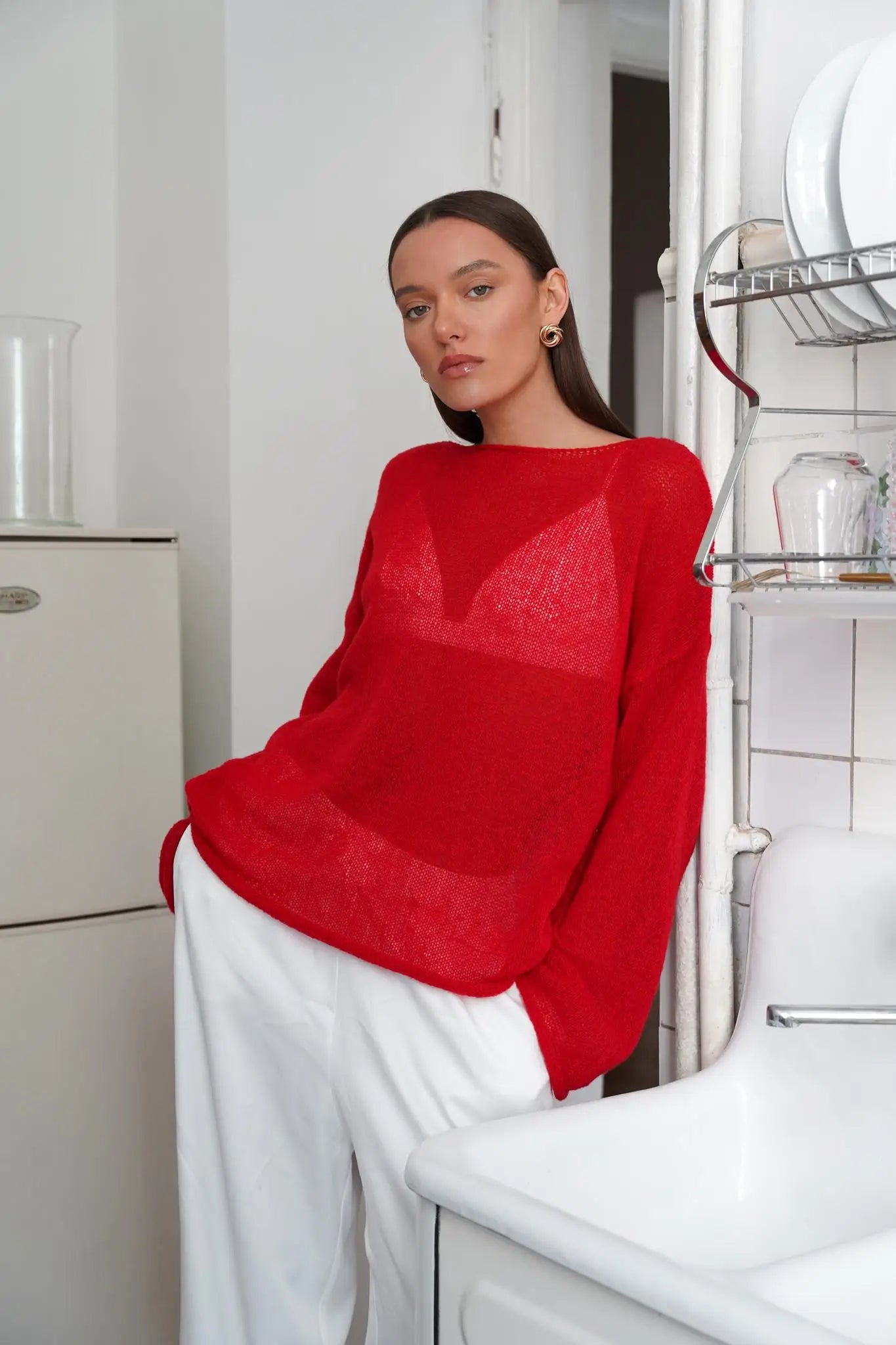 Marguerite | Sheer Open Knit Relaxed Crew Neck Sweater - View 29
