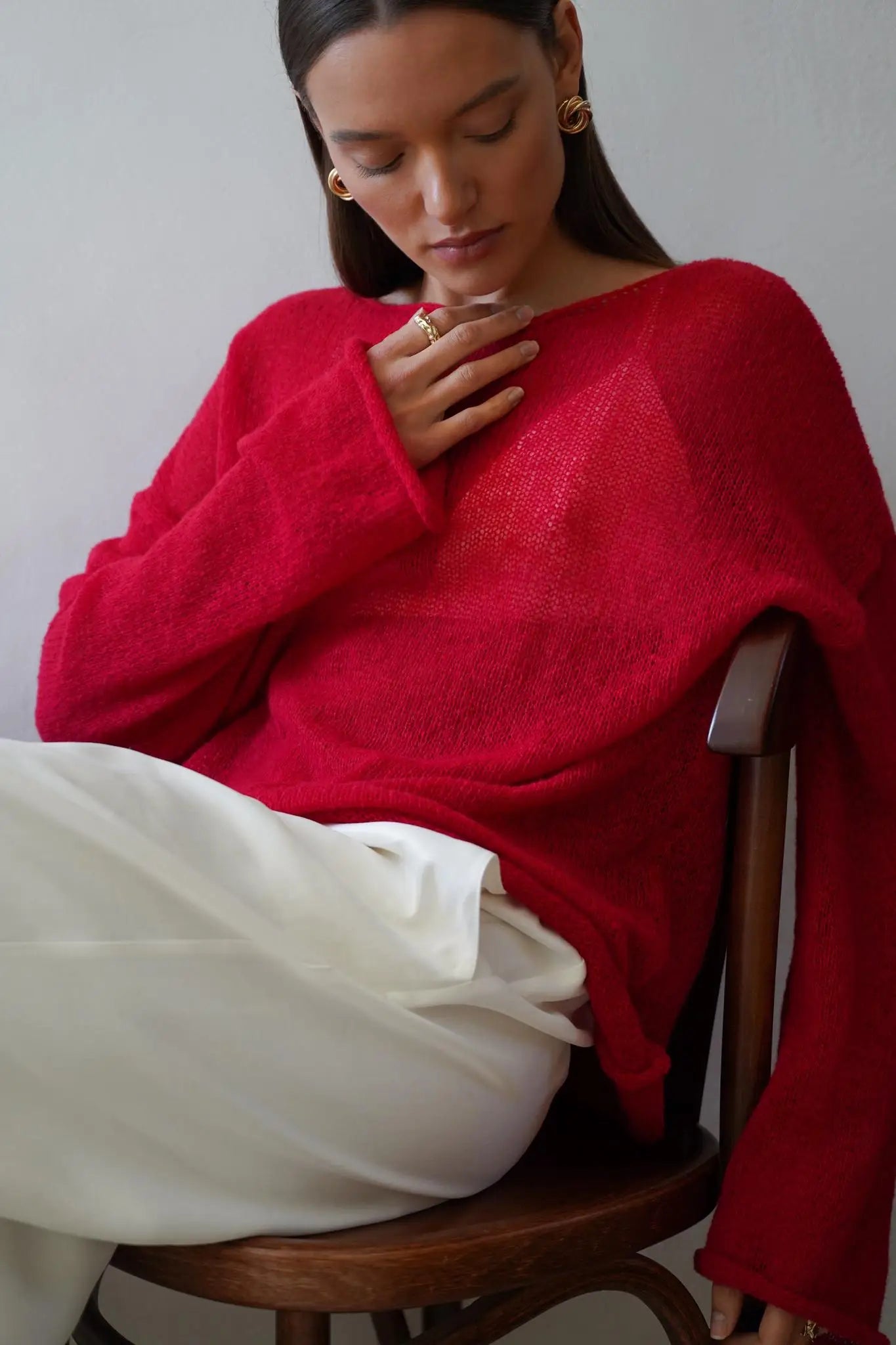 Marguerite | Sheer Open Knit Relaxed Crew Neck Sweater - View 30