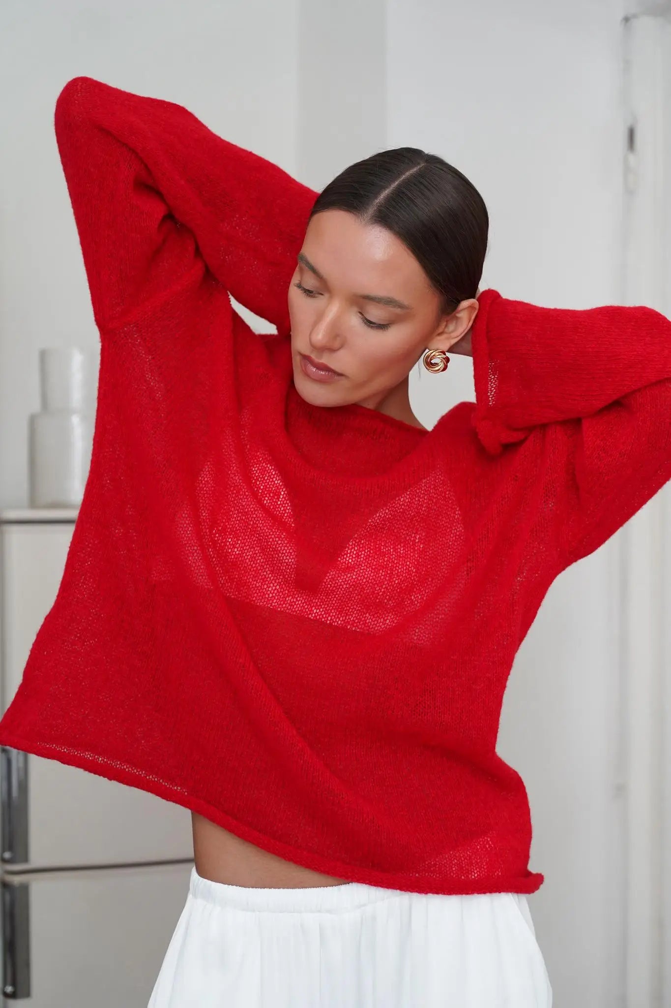 Marguerite | Sheer Open Knit Relaxed Crew Neck Sweater - View 31
