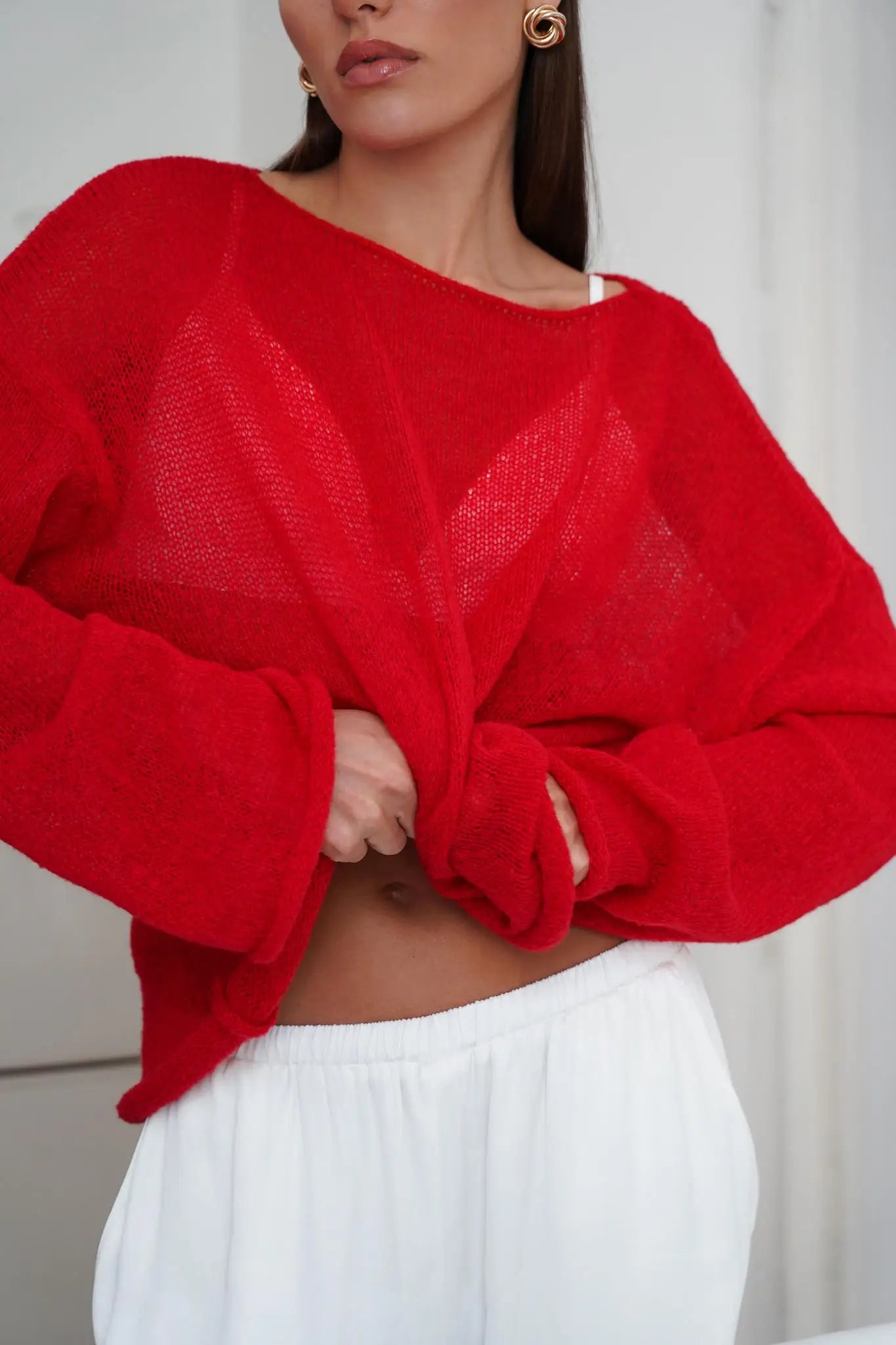 Marguerite | Sheer Open Knit Relaxed Crew Neck Sweater - View 33