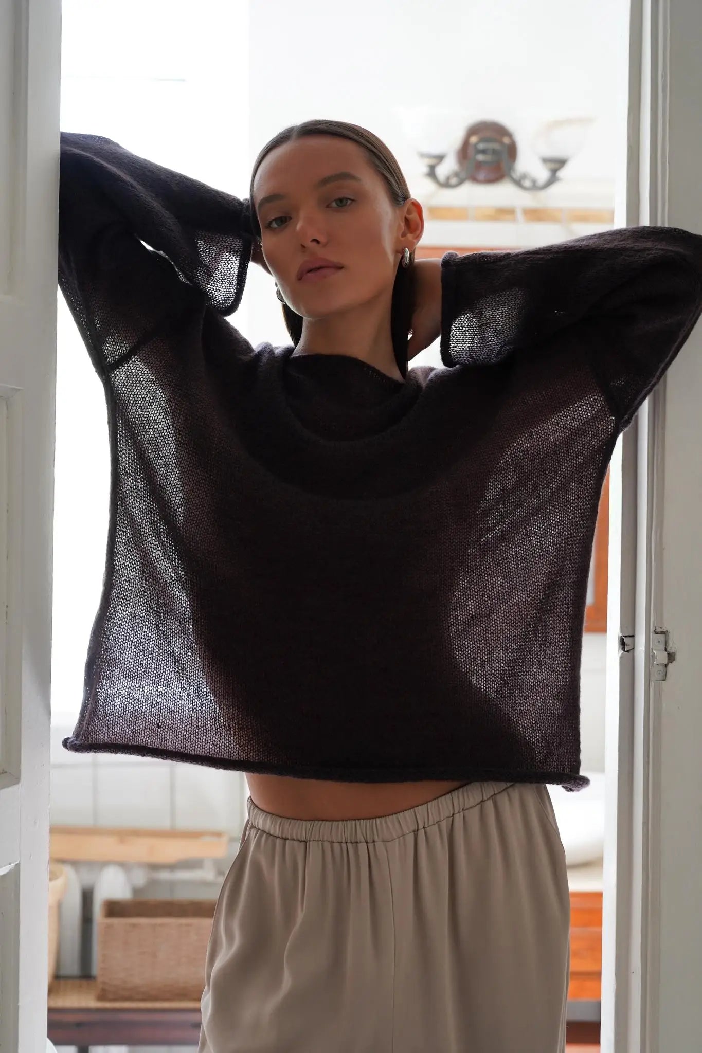 Marguerite | Sheer Open Knit Relaxed Crew Neck Sweater - View 35