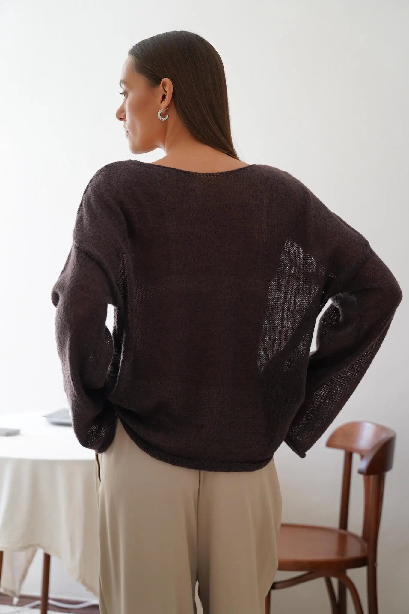 Marguerite | Sheer Open Knit Relaxed Crew Neck Sweater - View 37