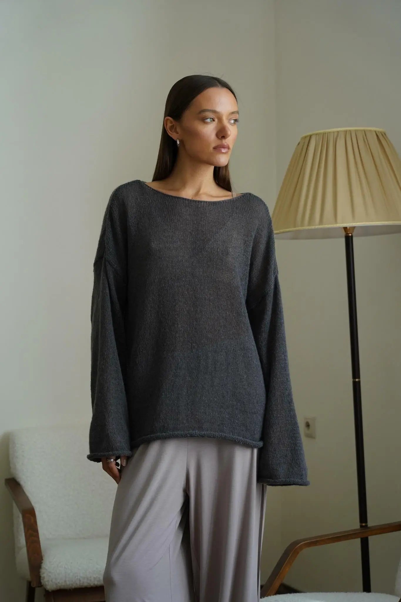Marguerite | Sheer Open Knit Relaxed Crew Neck Sweater - View 40